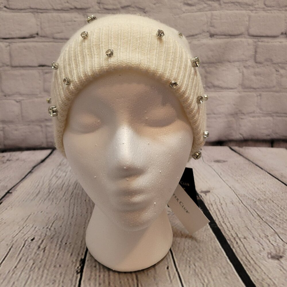 Charter Club Cashmere Embellished Cuffed Beanie- White